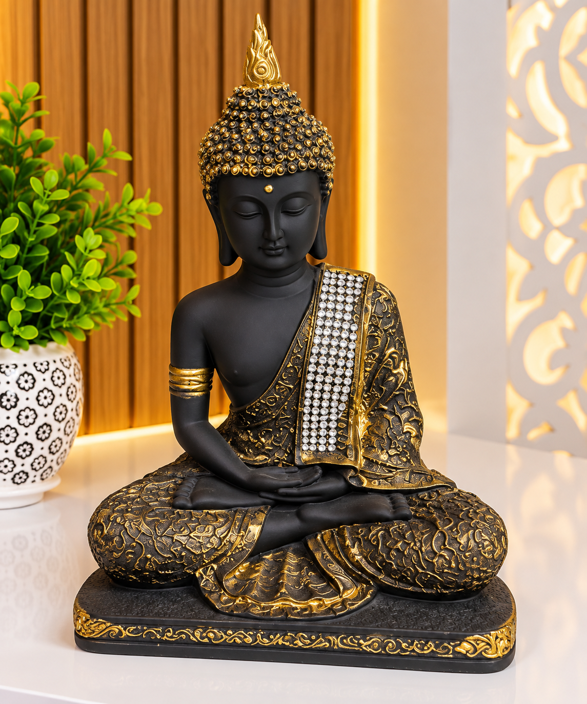 Meditating Dhyana Buddha Idol in Antique Black & Ornate Gold Robes