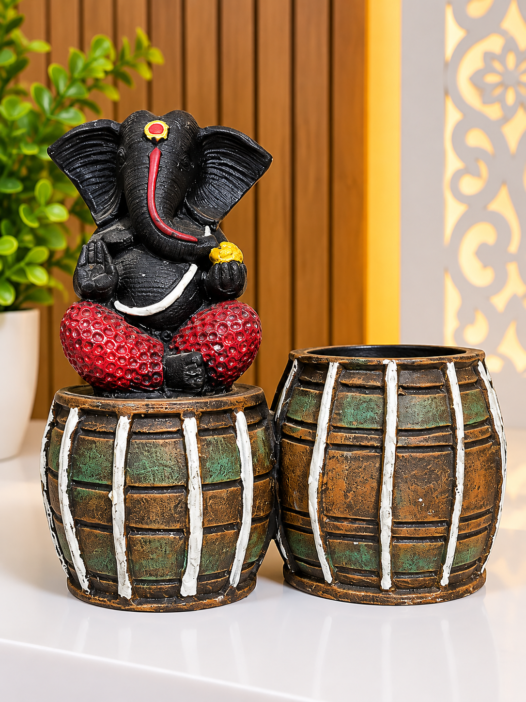 Handcrafted Ganesha on Sacred Dholak Planter & Pen Stand Murti