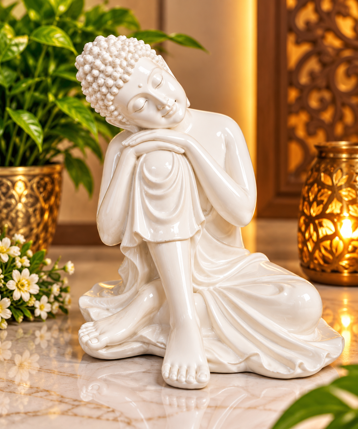 Handcrafted Serene White Ceramic Resting & Sleeping Buddha Statue