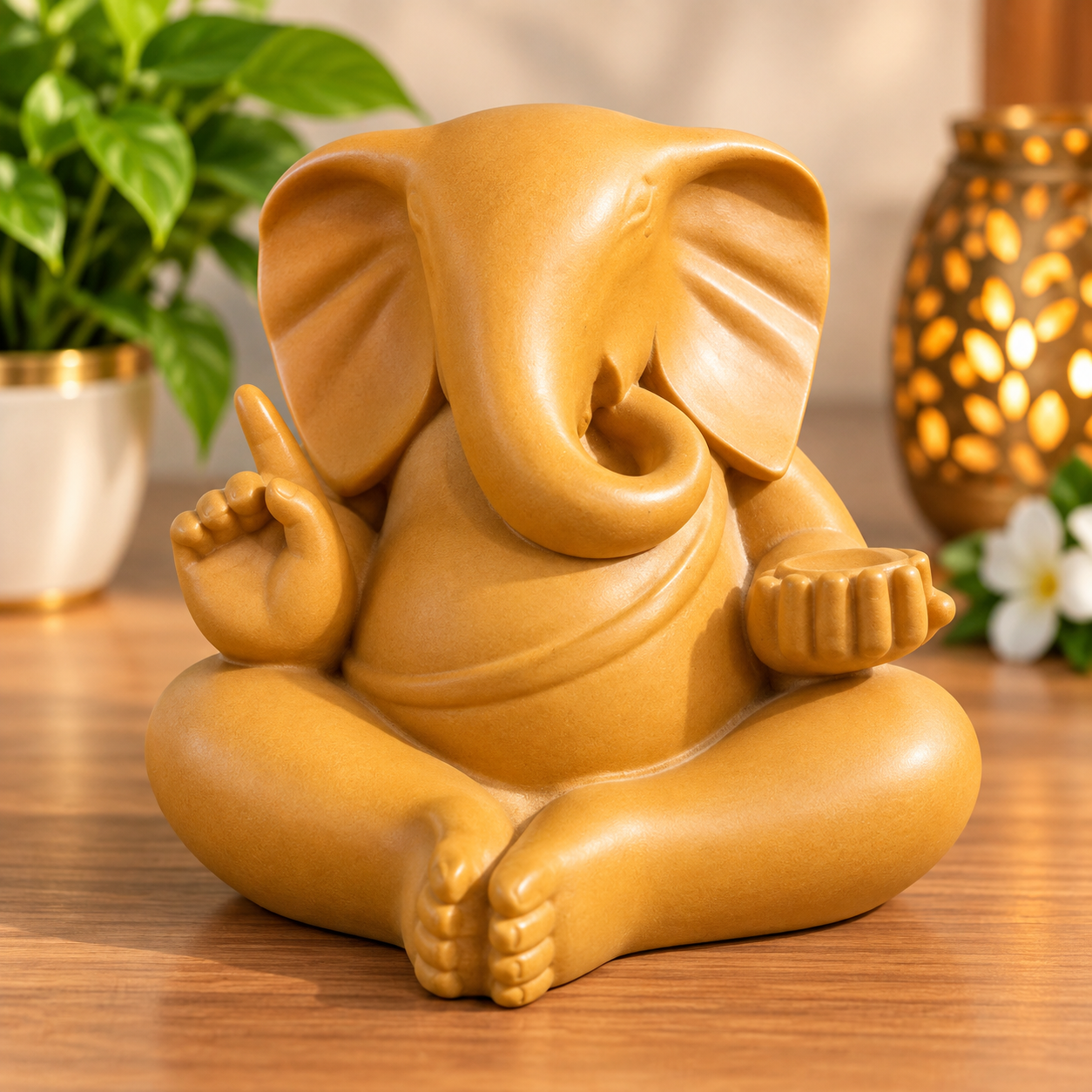 Modern Minimalist Golden Terracotta Dhyana Ganesha Idol with Diya