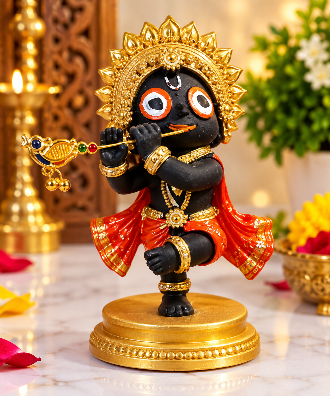 Divine Baby Krishna Jagannath Swaroop Murti Playing Golden Flute
