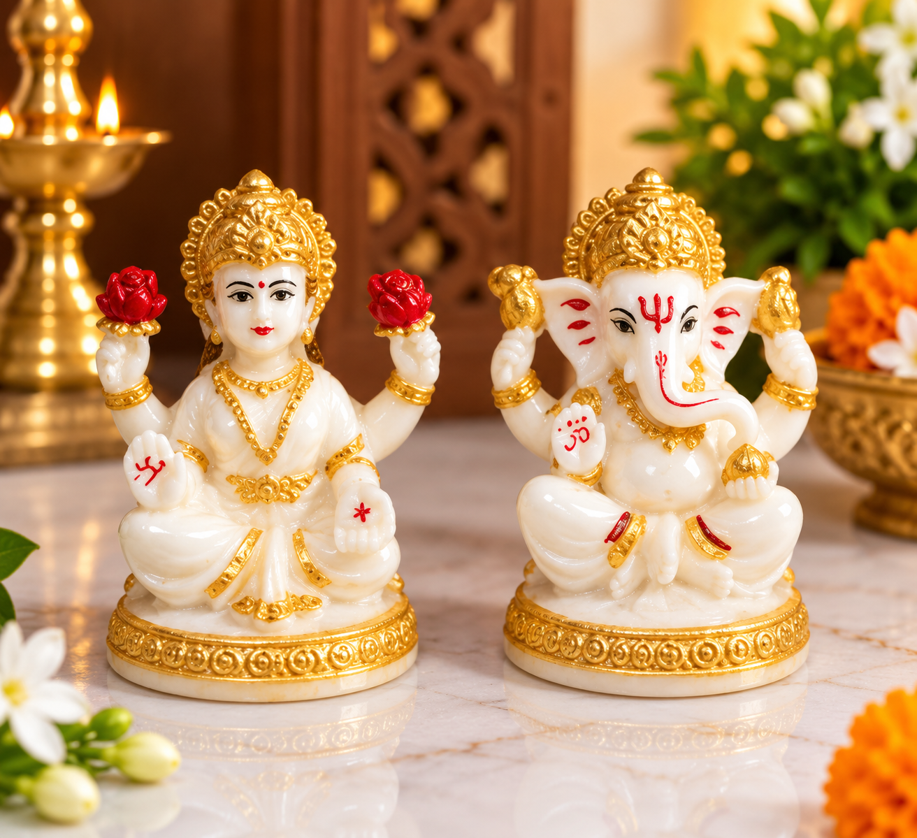 Sacred White Marble & 24K Gold Embellished Lakshmi Ganesha Murti Pair