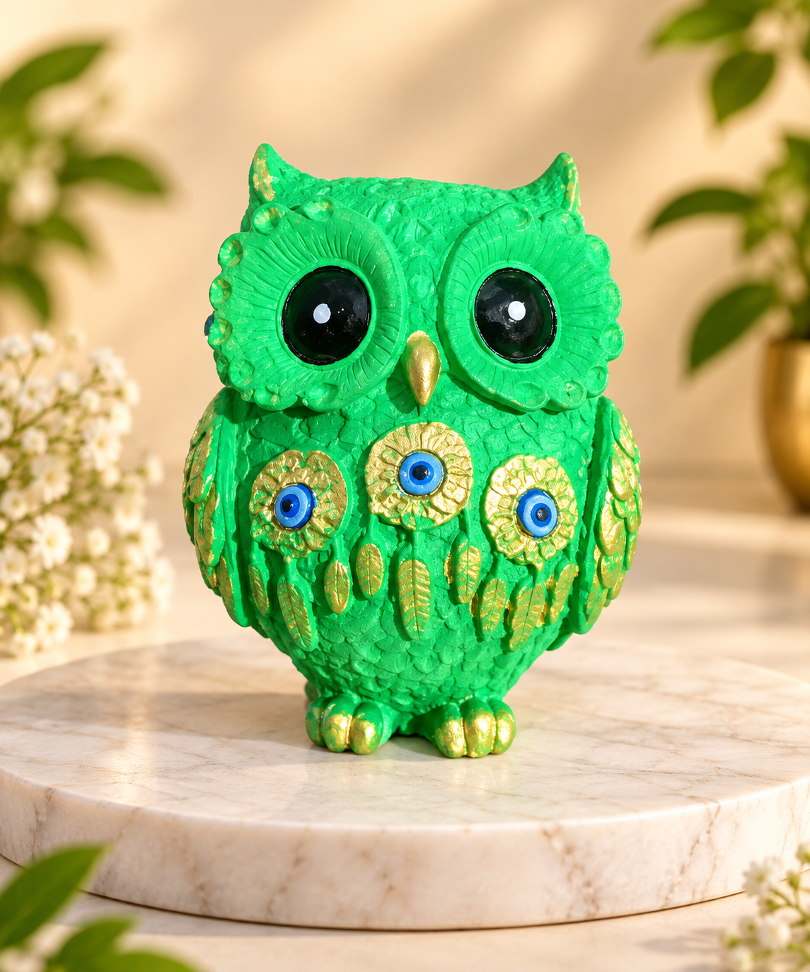 Handcrafted Nazar Battu Evil Eye Protected Emerald Green Vastu Owl Figurine